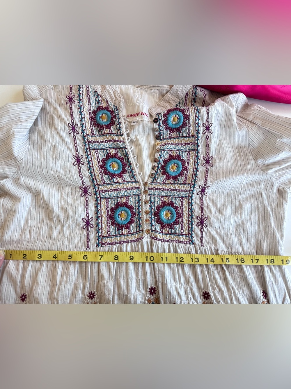 Johnny Was 3J Workshop embroidered striped floral boho prairie button down top M - Picture 10 of 12